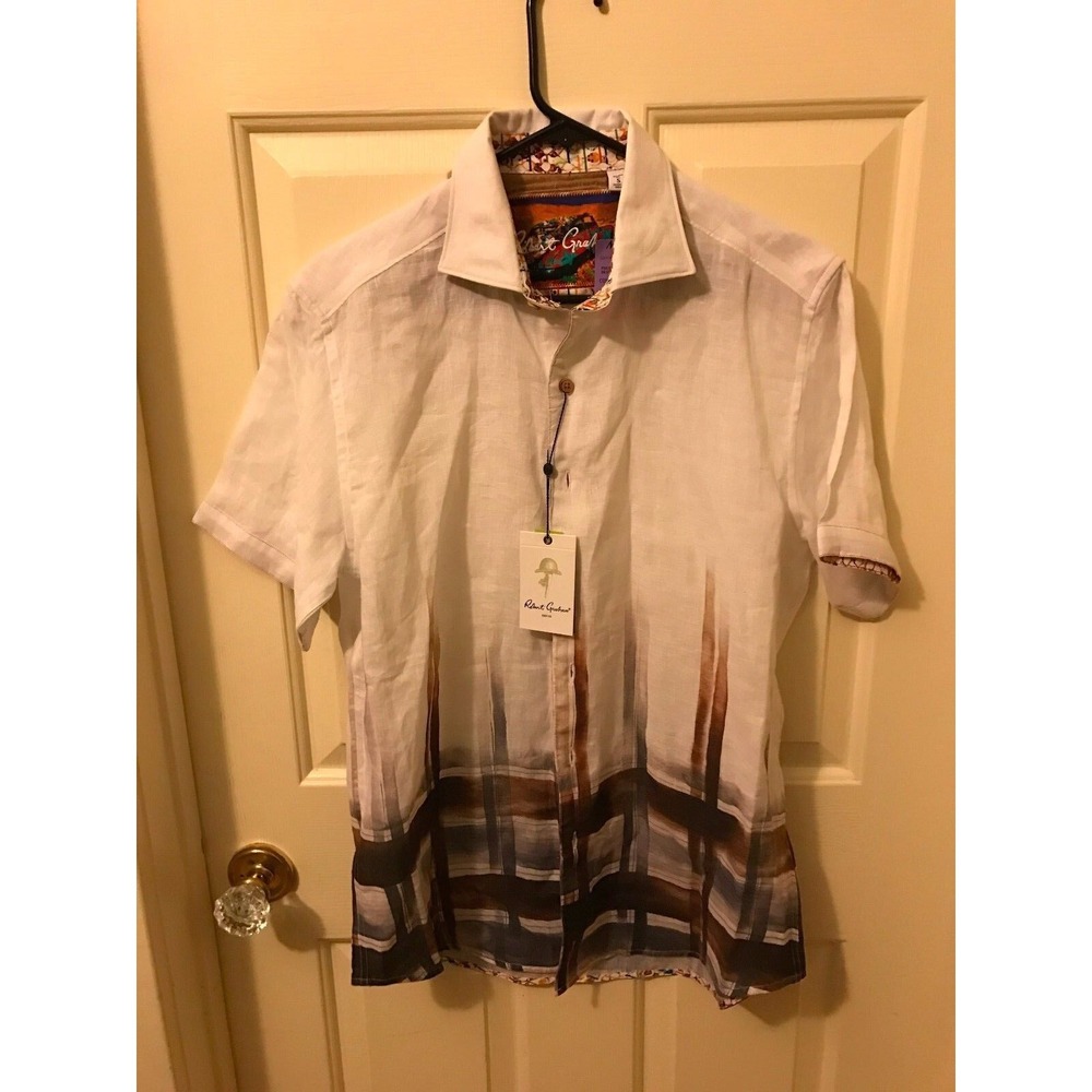 Robert Graham Mens Coves Short Sleeve Woven Shirt Butterscotch Button-up Sz S